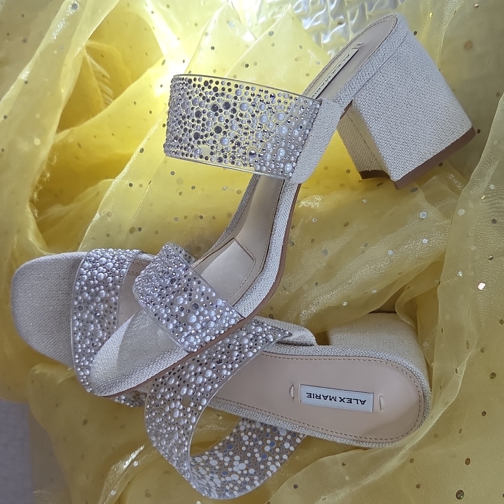 Alex Marie Austin Nude Pearl & Crystal Embellished Block Heel Mules 8.5 M
